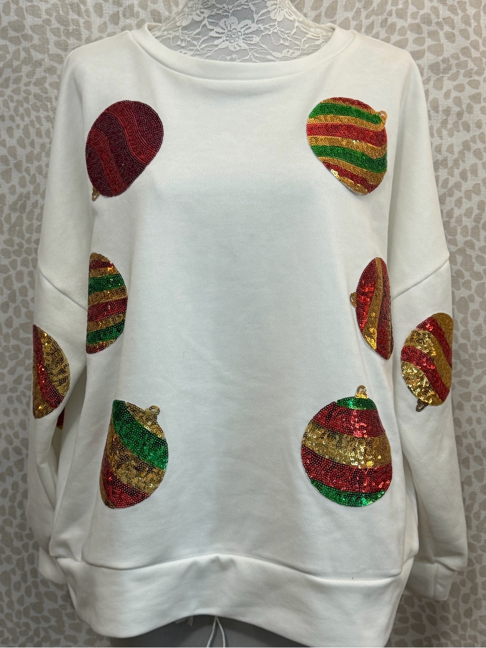 White Women’s Sequin Christmas Ornament Sweatshirt (Oversized)